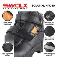Infographic of a black SWOLX safety boot highlighting features: D30 impact protection, adjustable Velcro straps, logo and label details, full-grain leather, rugged outsole tread, and reflective stripe texture.