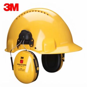Yellow hard hat with built-in earmuff hearing protection and 3M branding on the helmet and ear protection