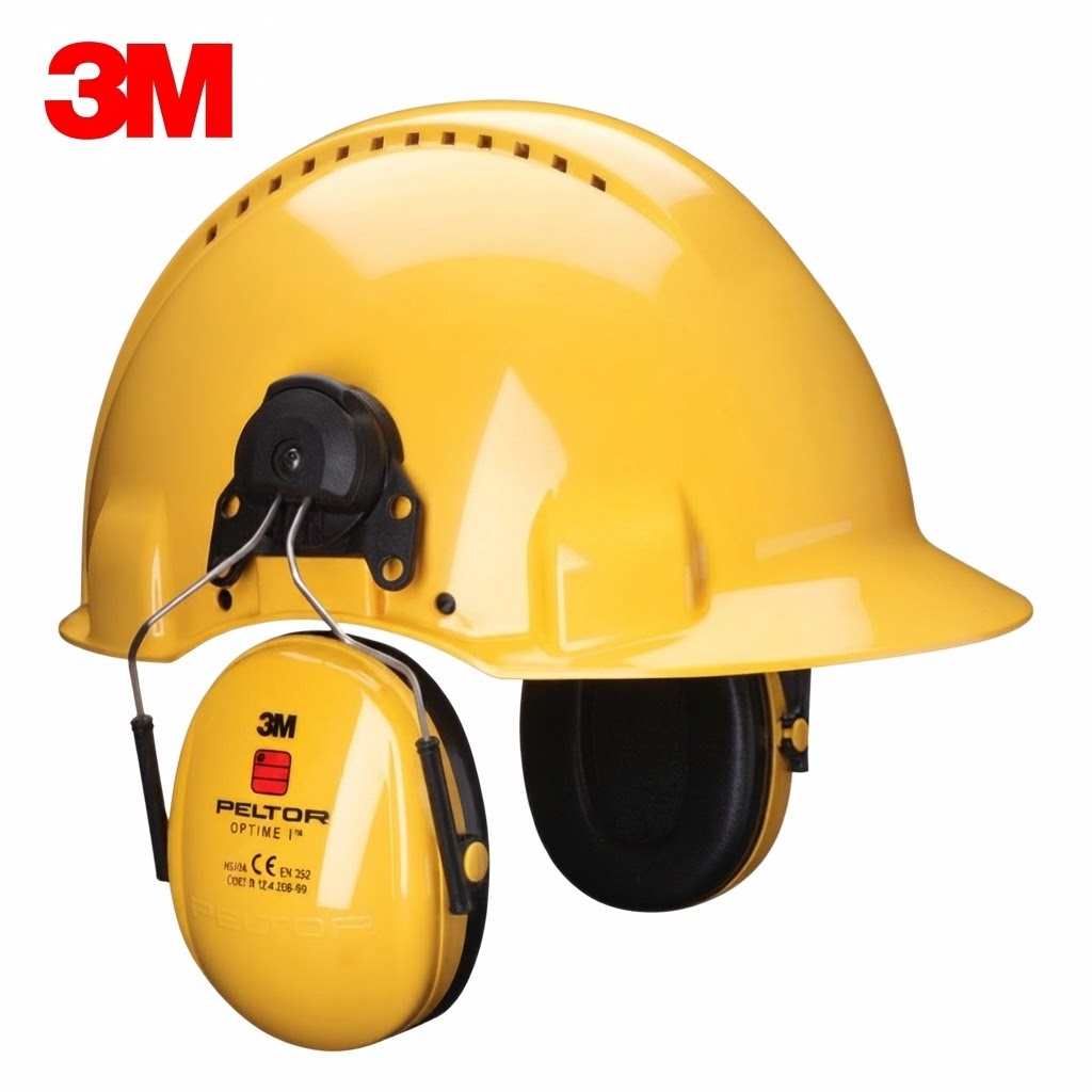 Yellow hard hat with built-in earmuff hearing protection and 3M branding on the helmet and ear protection