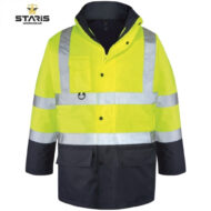 High-visibility safety jacket with a neon yellow body, reflective silver stripes, navy lower section, and multiple pockets.