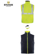 Two work vests: a neon yellow high-visibility reflective vest above a navy fleece vest with neon zipper. (Staris Workwear)
