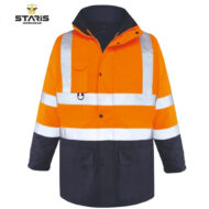 High-visibility orange safety jacket with reflective stripes and a dark navy lower section, Staris Workwear branding.