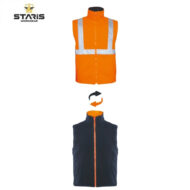 High-visibility orange reflective safety vest with silver stripes on front and shoulders