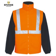 Hi-visibility orange safety jacket with reflective silver stripes and black sleeves, front zipper, for work sites.] ,