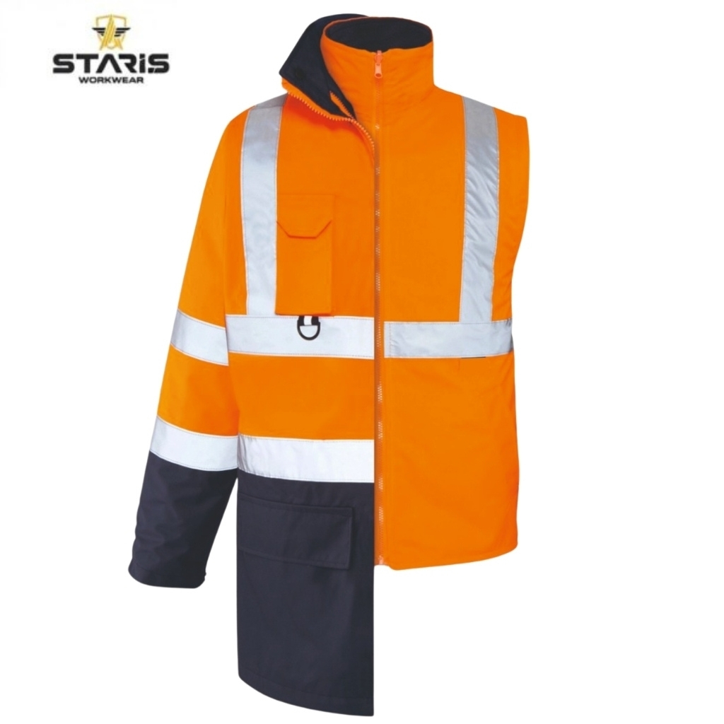 Orange high-visibility safety jacket with reflective silver bands, zip front, chest pocket, and dark navy lower sleeve section.