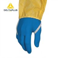 Blue protective glove on a hand with a yellow sleeve; Deltaplus logo shown in the corner (product image).