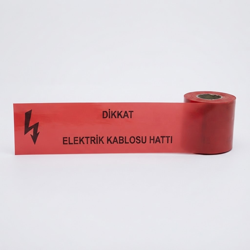 Red caution tape partially unrolled on a white surface, with the Turkish warning 'DİKKAT ELEKTRİK KABLOSU HATTI'.
