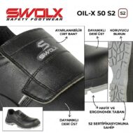 S-WOX black safety shoe with Velcro strap and outsole details; labels highlight adjustable strap, lightweight sole, and S2 certification (Oil-X 50 S2).