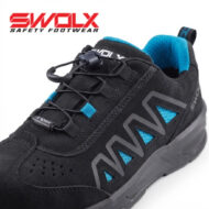 Black Swolx safety sneaker with blue lining and geometric side pattern.