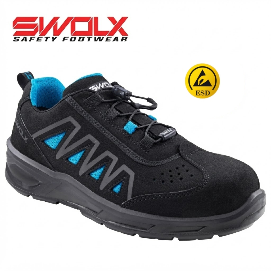 Black Swolx safety shoe with blue interior, teal triangular accents, and rugged sole. 