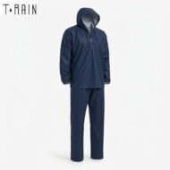 Navy waterproof rain set with hooded pullover top and matching straight-leg pants on a white background.