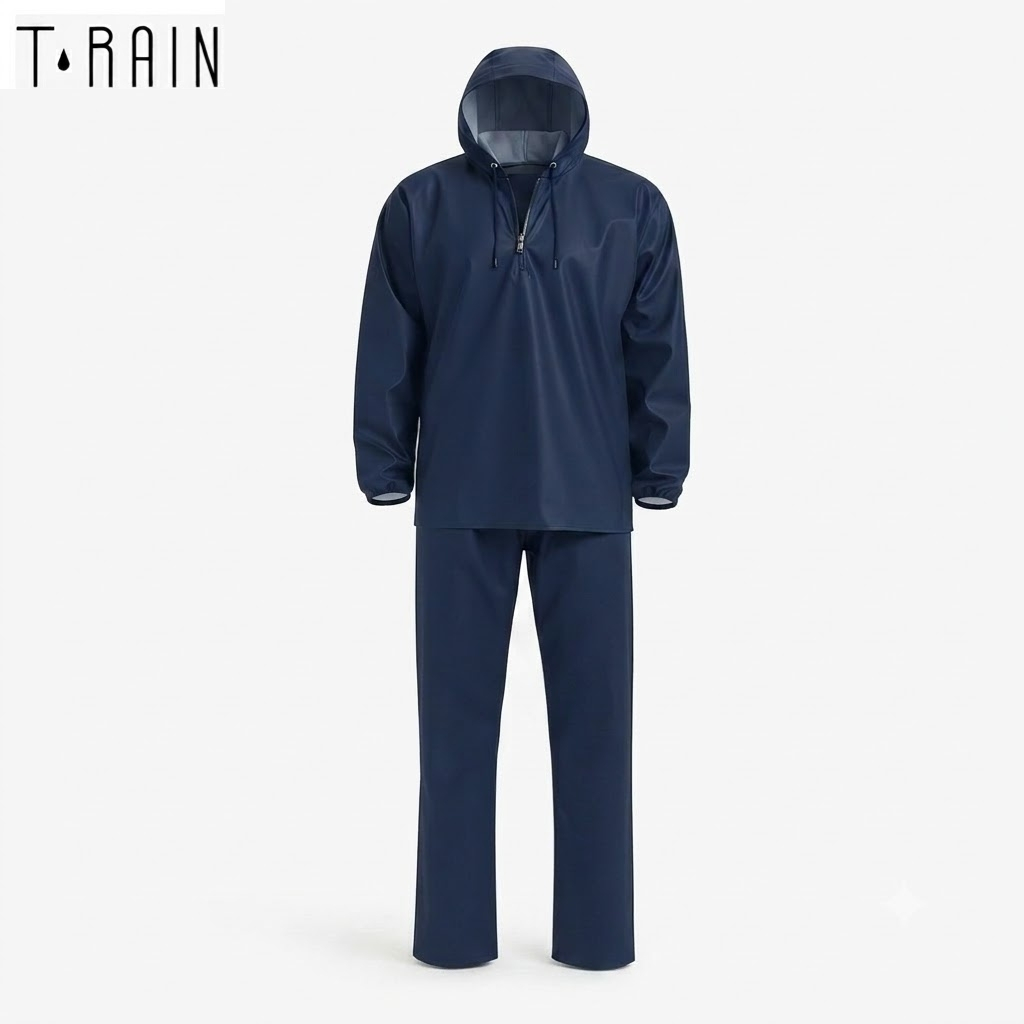 Navy rain suit with hooded jacket and matching pants on a white background (informative clothing image)