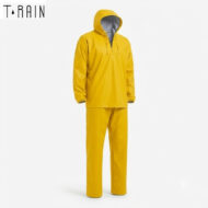 Yellow rain suit with hooded top and matching wide-leg pants on a white background.