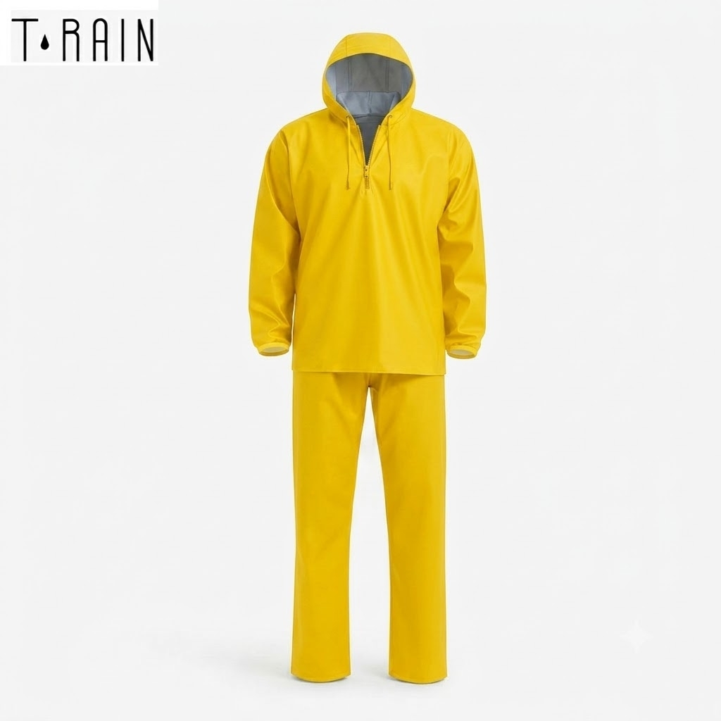 Yellow hooded rain jacket with matching wide-leg rain pants, displayed on a white background (rain suit).