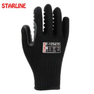 Black knitted protective glove with a red Starline logo and a white E-125415 label on the back of the hand.