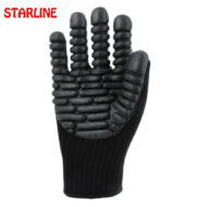 Black protective glove with segmented foam padding on the palm and fingers, knit cuff, Starline logo in red at top-left.