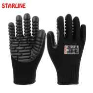 Pair of black grip work gloves with ribbed knit cuffs and rubberized palm and finger pads; label reads E-125415 (Starline).