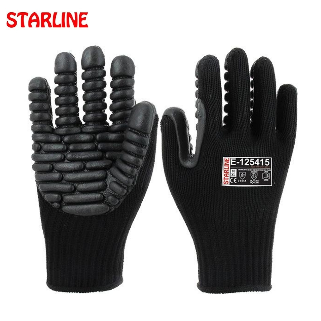 Pair of black grip work gloves with ribbed knit cuffs and rubberized palm and finger pads; label reads E-125415 (Starline).