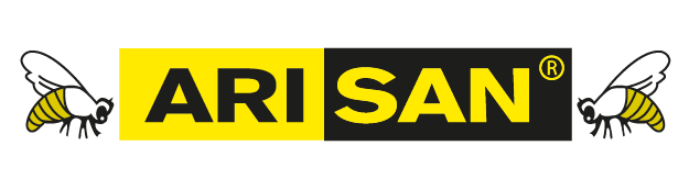 ARISAN logo with yellow and black word blocks and two stylized bees on each side.