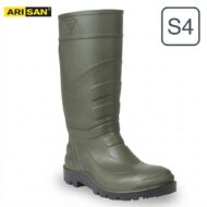 Olive green knee-high rubber boot with rugged tread and three strap-like bands on the shaft.