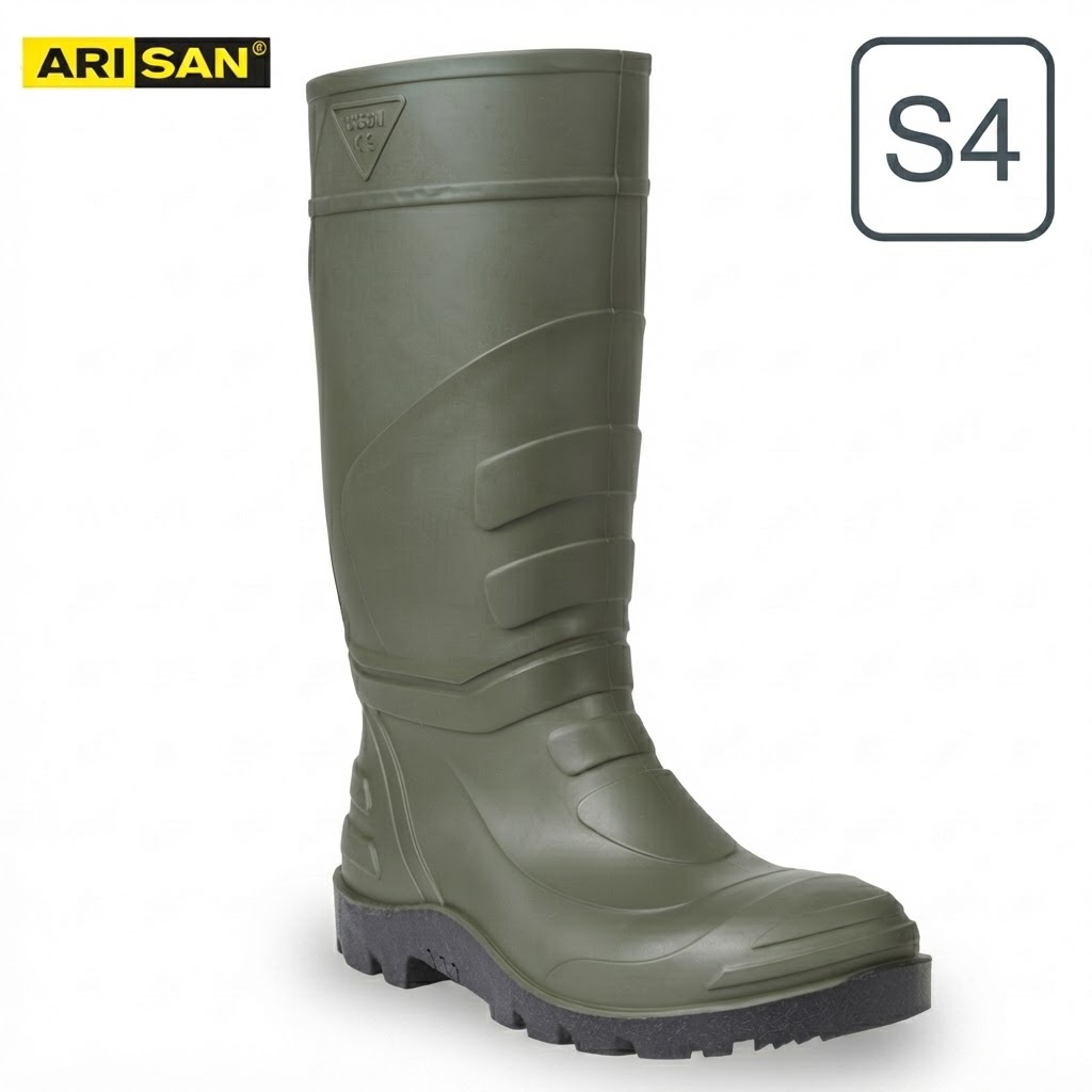 Olive green knee-high rubber boot with rugged tread and three strap-like bands on the shaft.