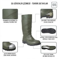 Yeşil S5 güvenlik çizmeyi gösteren teknik detaylar: su geçirmez polimer gövde, çelik burun başlığı, kaymaz taban ve şok emici topuk özelliğiyle.