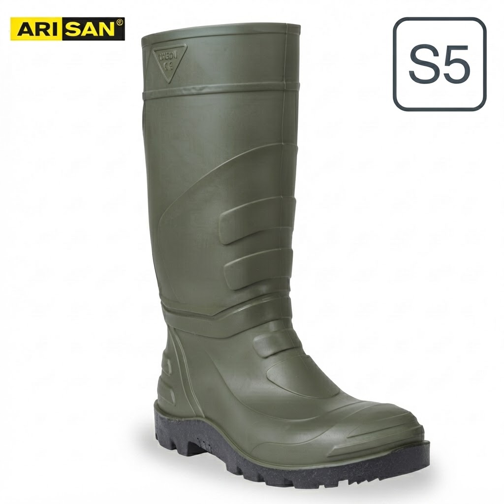 Olive-green knee-high rubber boot with a rugged outsole and stitched panels; ARI SAN logo in the top-left corner; S5 model badge in the top-right corner.
