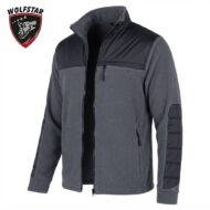 Gray fleece jacket with black shoulder panels, zip front and pockets, stand-up collar; Wolfstar logo in the top-left corner.