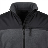 Close-up of a two-tone fleece jacket: gray body with black upper panel, central zipper and stand-up collar.