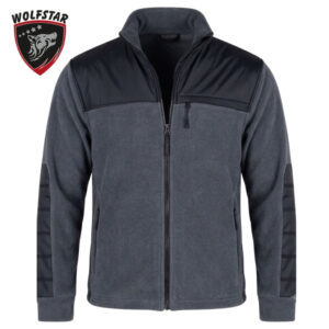Gray fleece zip-up jacket with black shoulder panels, stand collar, zip pockets, and a Wolfstar logo in the top-left corner.