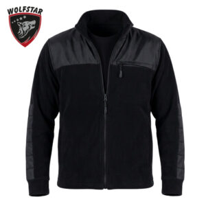Black zip-up jacket with dark shoulder panels and chest pocket; Wolfstar logo shown in the top-left corner.