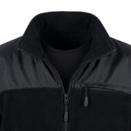 Black fleece-lined jacket with a front zipper and chest pocket, shown up close at the collar area.