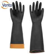 Pair of black long rubber protective gloves with an orange cuff, displayed on a white background; Vento logo in the top-left corner.