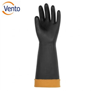 Black rubber glove with orange cuff raised, Vento logo in top-left on white background