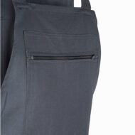 Close-up of a dark gray backpack with a horizontal zippered pocket on the side.