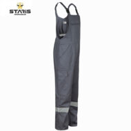 Grey work overalls with adjustable straps, multiple pockets, and a reflective band at the lower legs; Staris Workwear logo in the top-left corner.