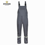 Grey work overalls with adjustable shoulder straps, front zip pocket, knee-access panels, and reflective band around lower legs; Staris Workwear logo in top-left corner