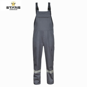 Grey work overalls with adjustable shoulder straps, front zip pocket, knee-access panels, and reflective band around lower legs; Staris Workwear logo in top-left corner