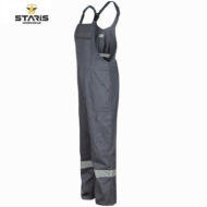 Gray work overalls with adjustable shoulder straps, multiple pockets, and reflective bands around the lower legs, brand logo in top-left corner