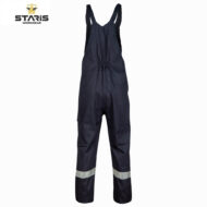 Dark navy work overalls with adjustable shoulder straps, elastic waist, multiple pockets, and reflective bands around the ankles.