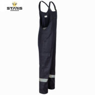 Navy blue coverall with adjustable shoulder straps, front pockets, and a reflective silver band around the lower legs; Staris Workwear logo shown in the top-left corner.