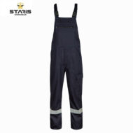 Navy work overalls with adjustable shoulder straps, a front zip pocket, a cargo pocket on the right leg, and reflective bands around the lower legs. The Staris Workwear logo is in the top left corner.