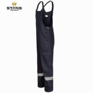 Navy blue work coveralls with adjustable shoulder straps, multiple pockets, and a reflective silver band at the ankles for visibility.