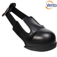 Black leather clog with elastic side panels and a back strap (slip-on safety shoe)