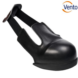 Black leather clog with elastic side panels and a back strap (slip-on safety shoe)