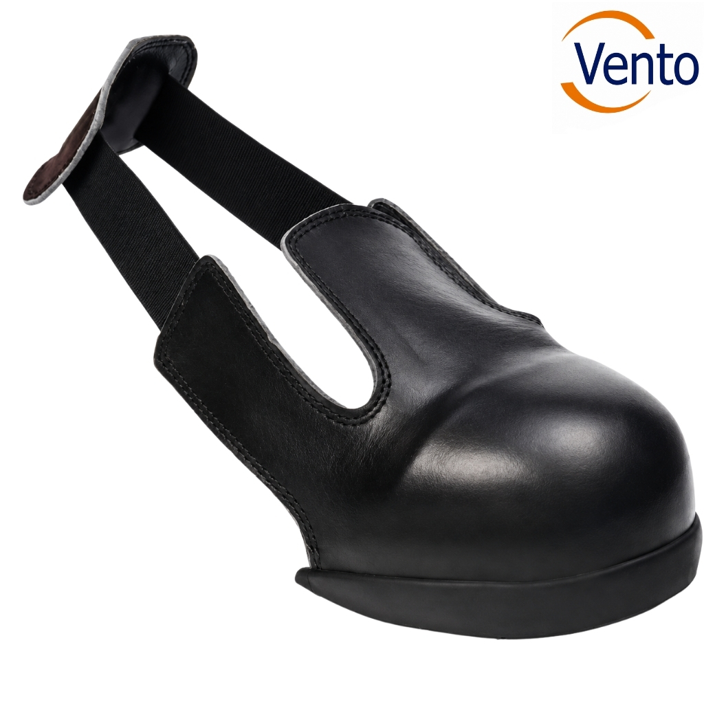 Black leather clog with elastic side panels and a back strap (slip-on safety shoe)
