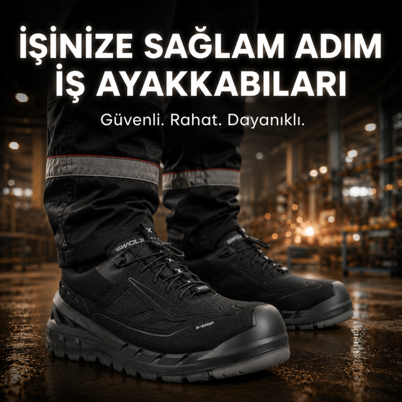 Black safety boots on a factory floor with Turkish slogan promoting secure, comfortable, durable work footwear: İşinize Sağlam Adım İş Ayakkabıları.