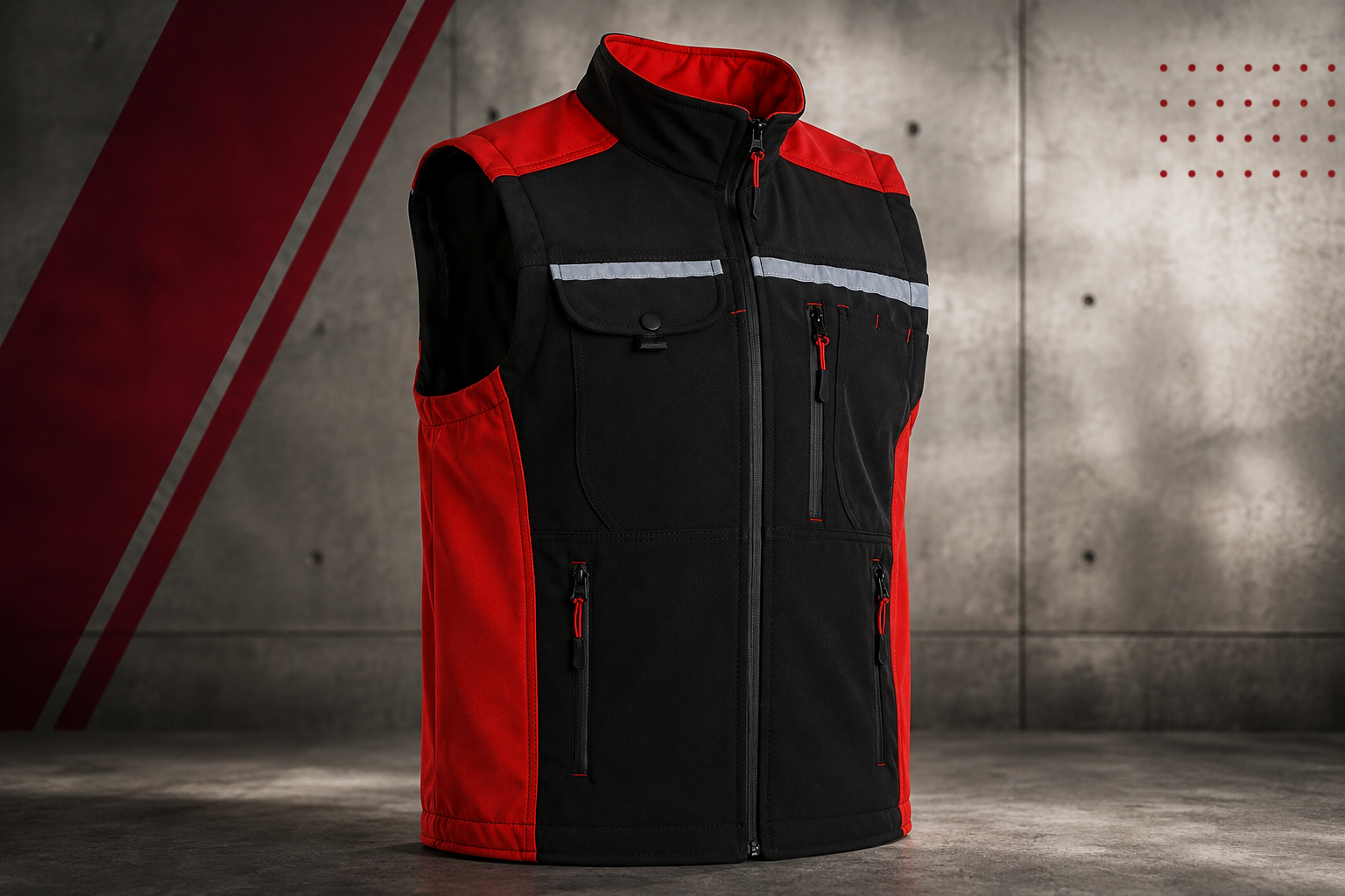 Black and red work vest with front zipper, multiple zip pockets and a reflective chest stripe on a gray industrial background.