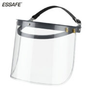 ESSAFE face shield with clear curved visor, gray headband, and adjustable black strap.