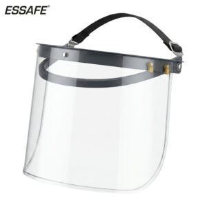 ESSAFE face shield with clear curved visor, gray headband, and adjustable black strap.